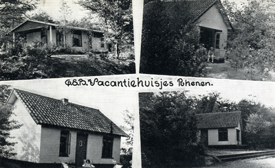12273 Collage van gezichten van vakantiehuisjes van het G.E.B. te Rhenen:- de beheerderswoning- het huisje Irene ;- het ...